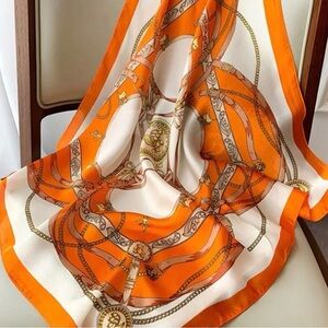 Elegant Orange and White Silk Satin Scarf